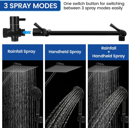 Shower Head, 12‘’ High Pressure Rainfall/Handheld Shower Combo with 11'' Extension Arm, 9 Settings, Anti-Leak Shower Head with Holder, Height/Angle Adjustable, Matte Black