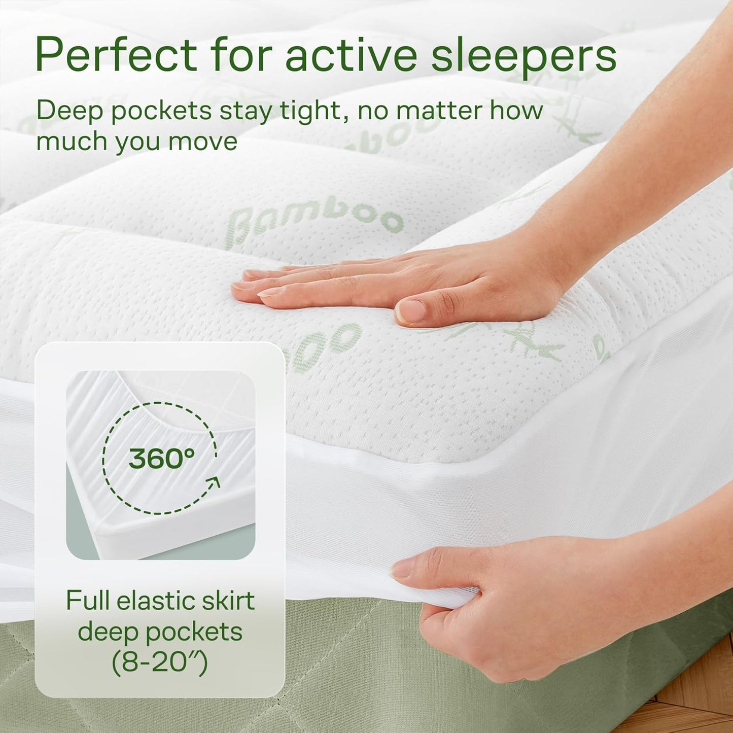 Niagara Ultra Soft Queen Size Mattress Topper - Viscose Made from Bamboo Pillow Top Mattress Pad for Back Pain Relief - Naturally Cooling for Hot Sleepers, Green
