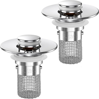 Sink Stopper Hair Catcher,(2Pcs) Pop-Up Sink Drain Strainer with Removable Stainless Steel Strainer Basket Hair Catcher, Bathroom Sink Strainer for Bathroom Sink Stopper Replacement