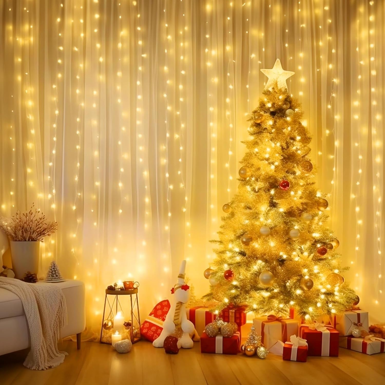 Curtain Lights, 300 LED Dimmable Fairy Lights Twinkle Lights with Remote and Timer, 8 Modes, USB Powered String Lights for Room Wall Party Xmas Indoor Decor, Warm White