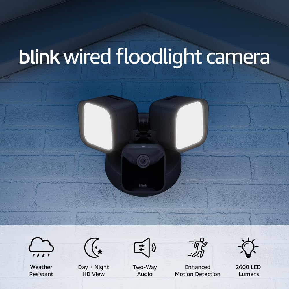 Wired Floodlight Camera - Smart Security Camera, 2600 Lumens, HD Live View, Enhanced Motion Detection, Built-In Siren, Works with Alexa – 1 Camera (Black)