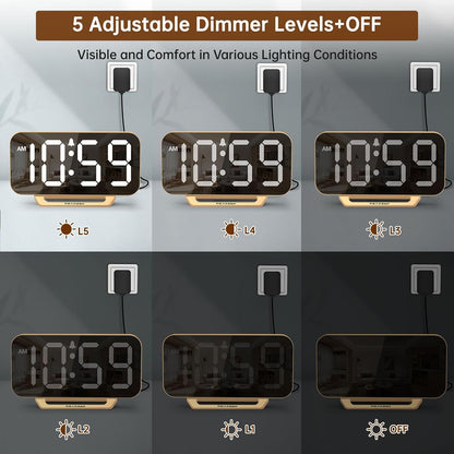 Slim Digital Mirror Aesthetic Alarm Clock for Bedrooms Desk Decor - Plug in Electric Big LED Modern Small Clock for Office Living Room, Battery Backup, 6 Dimmers (Gold)