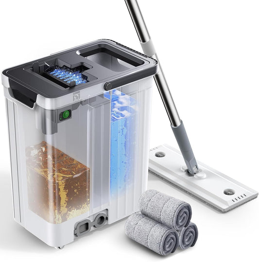 Mop and Bucket Set | Auto-Spray Cleaning | Dirty Water Separation Keep Water Fresh | Flat Mop & Bucket with Scraper | 3X Washable Pads | Mops for Floor Cleaning Valentine'S Day Gift
