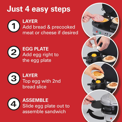 Dual Breakfast Sandwich Maker with Timer, Ready in 5 Minutes, Removable Dishwasher Safe Pfas-Free Non-Stick Egg Cooker Ring, Silver (25490MNA)