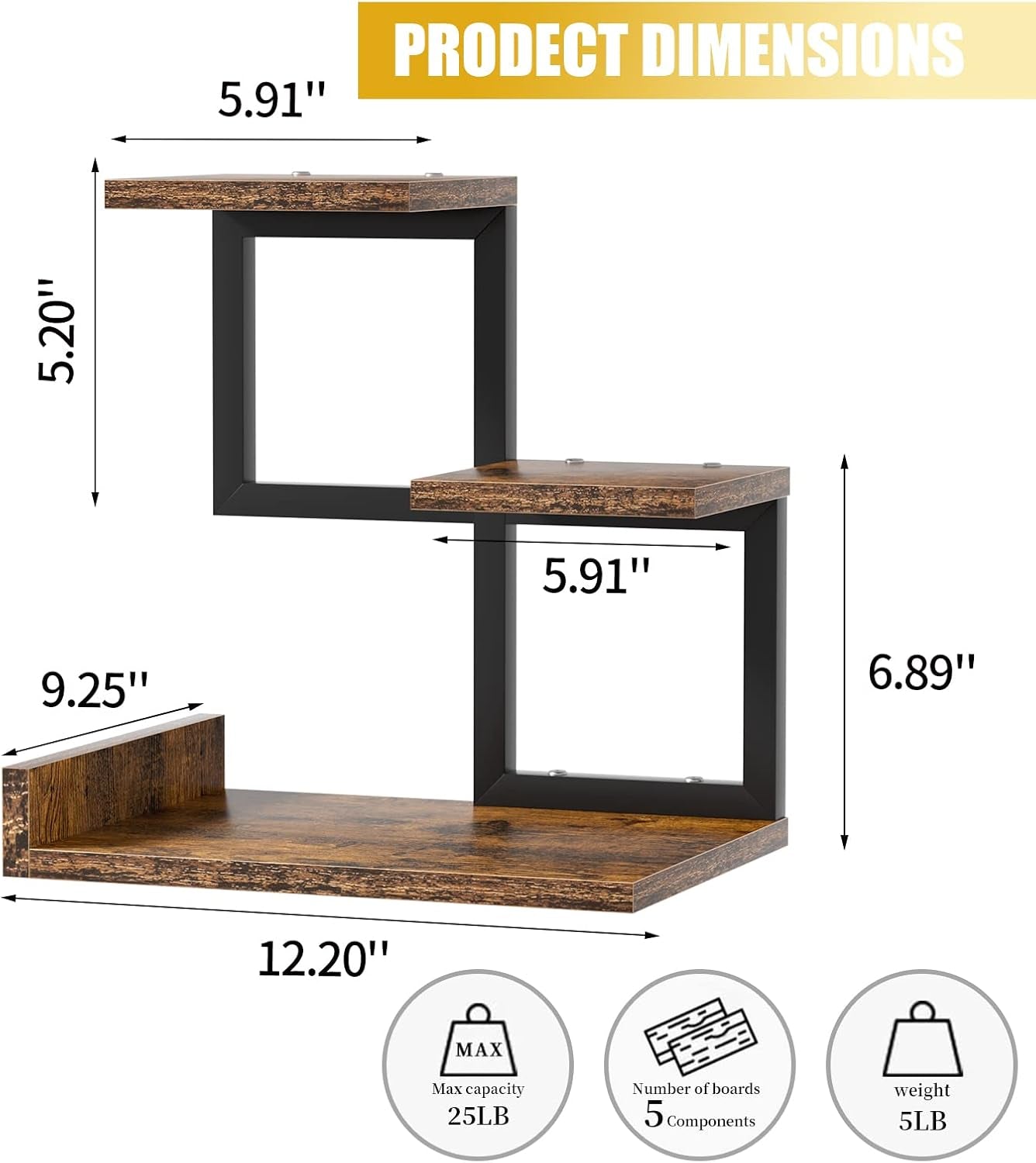 Office Decor Desk Shelf Organizer - Wood Desktop Shelf, Freestanding Desk Hutch, 3 Tier Storage Display Rack, Small Bookshelf with Metal Frame for Books/Plants/Toys (Rustic Brown Black)
