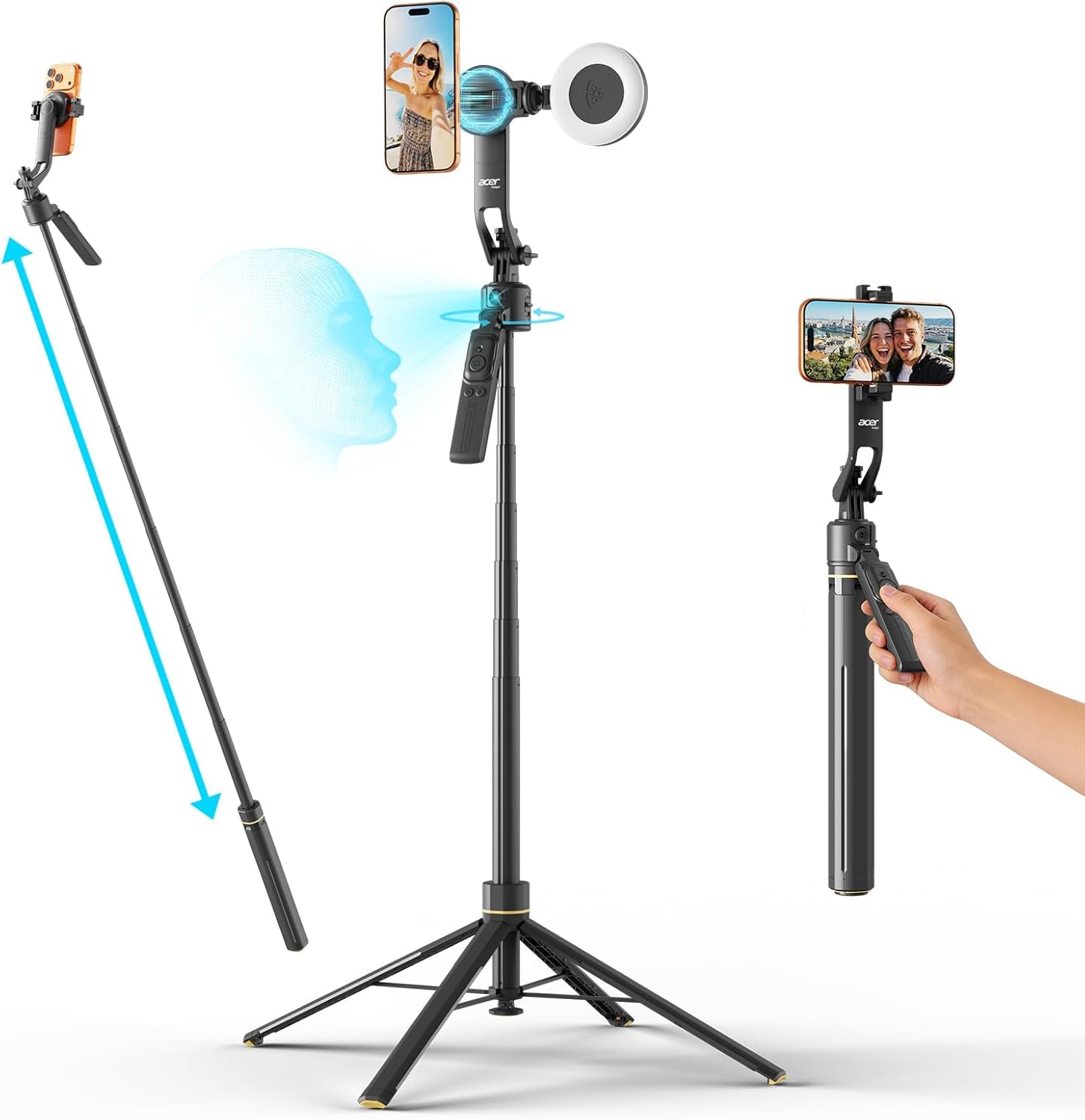 Gadget Auto Face Tracking Tripod for Iphone – Magnetic Phone Mount Gesture Control Detachable Mini Ring Light 64" 360 Degree AI Tracking Phone Tripod for Vlogging Youtube Tiktok Video Recording