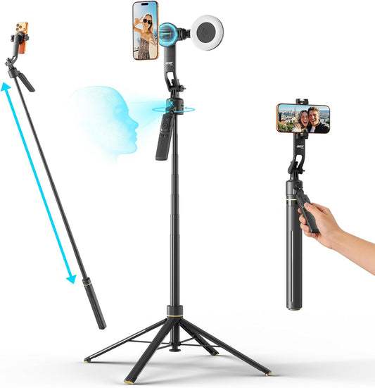 Gadget Auto Face Tracking Tripod for Iphone – Magnetic Phone Mount Gesture Control Detachable Mini Ring Light 64" 360 Degree AI Tracking Phone Tripod for Vlogging Youtube Tiktok Video Recording
