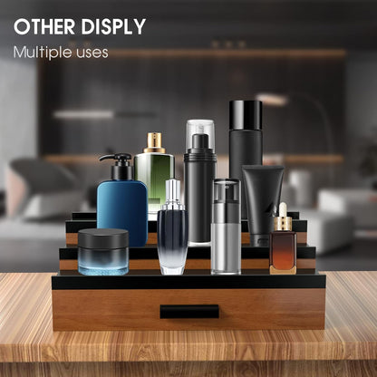 Cologne Organizer for Men 3 Tier of Elevated Cologne Display Shelf with Drawer Storage Perfume Organization and Storage Display Risers,Great Gift for Man(Walnut Black)