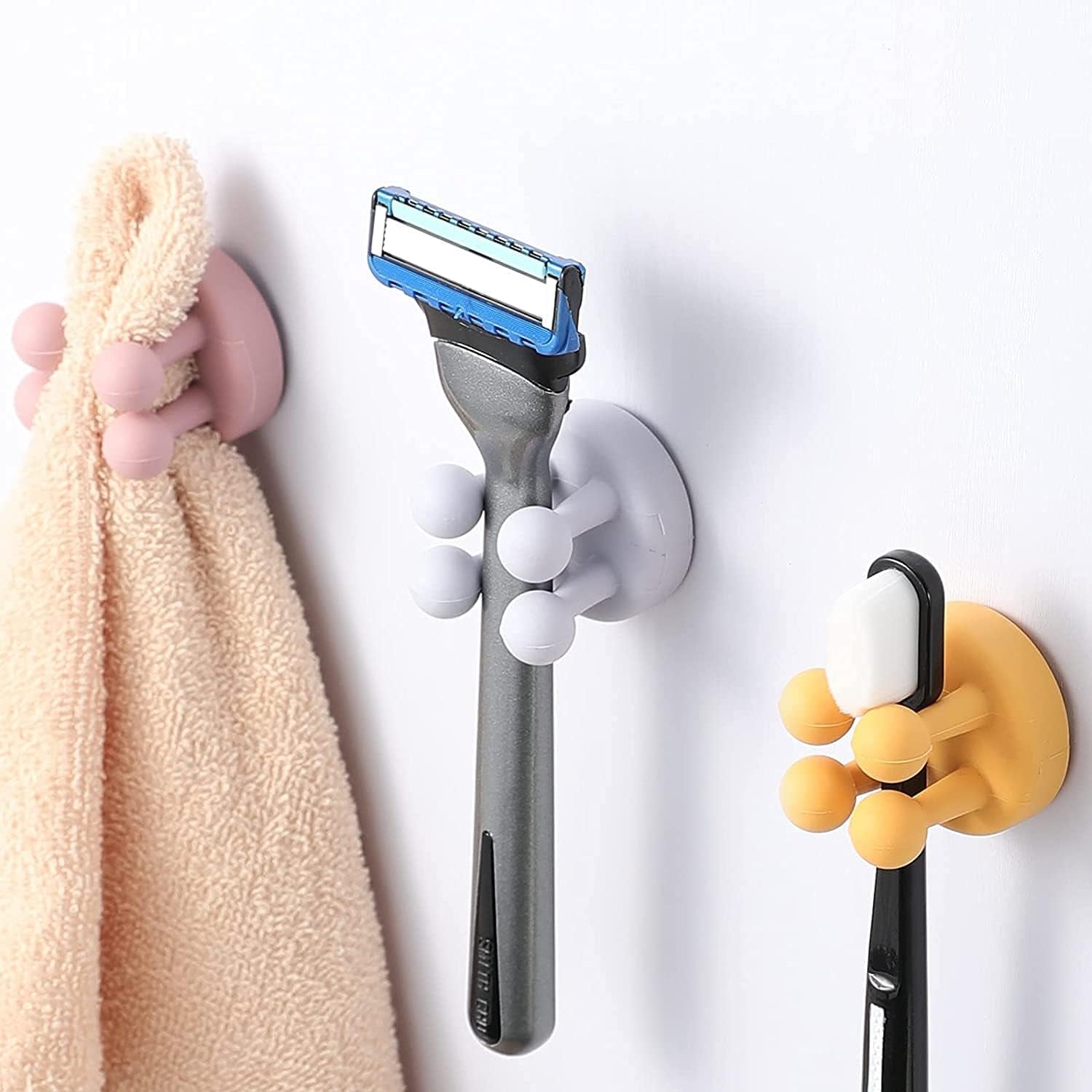 Silicone Toothbrush Holders - 6 Pcs Razor Hooks Adhesive Wall Mounted for Hanging Towel Key Plug Cable, Utility Decoration Hook Stick to Dorm Room Door Function for Kitchen Bathroom Home Office
