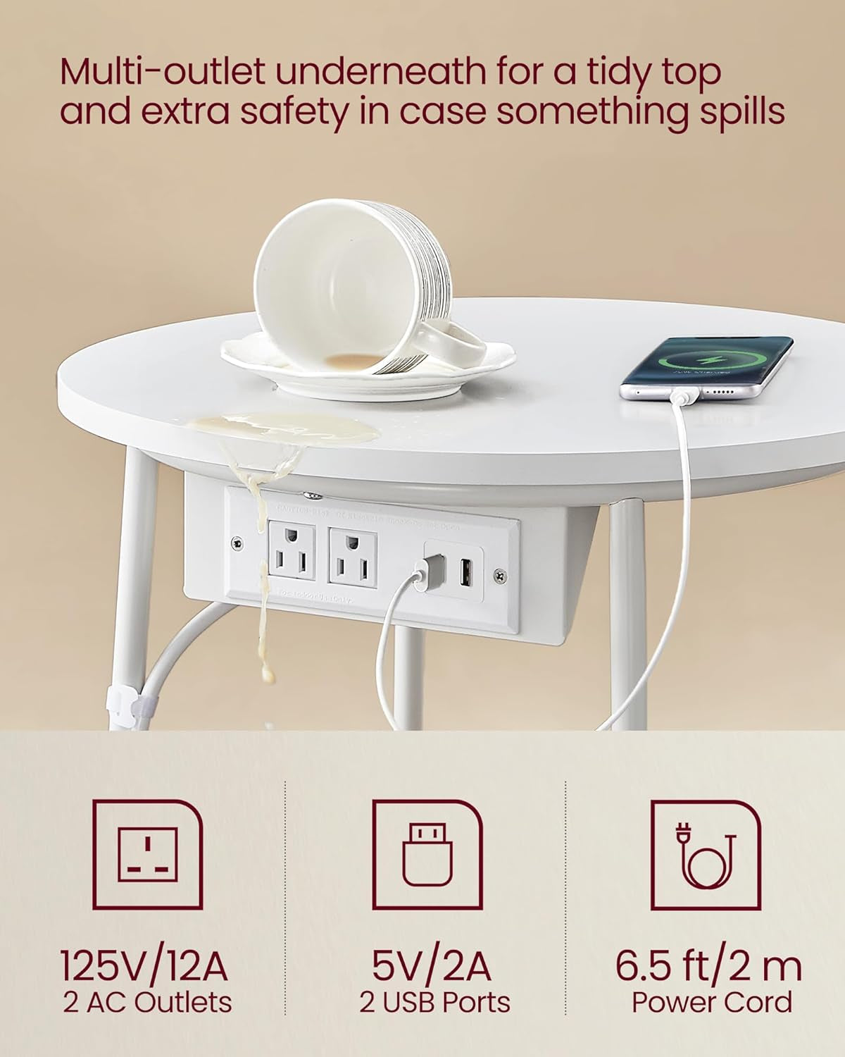 LILEA Collection - Side Table with Charging Station, round End Table with Fabric Basket, Nightstand with USB Ports, for Living Room, Bedroom, Modern, Matte White and Camel Brown ULET228W01