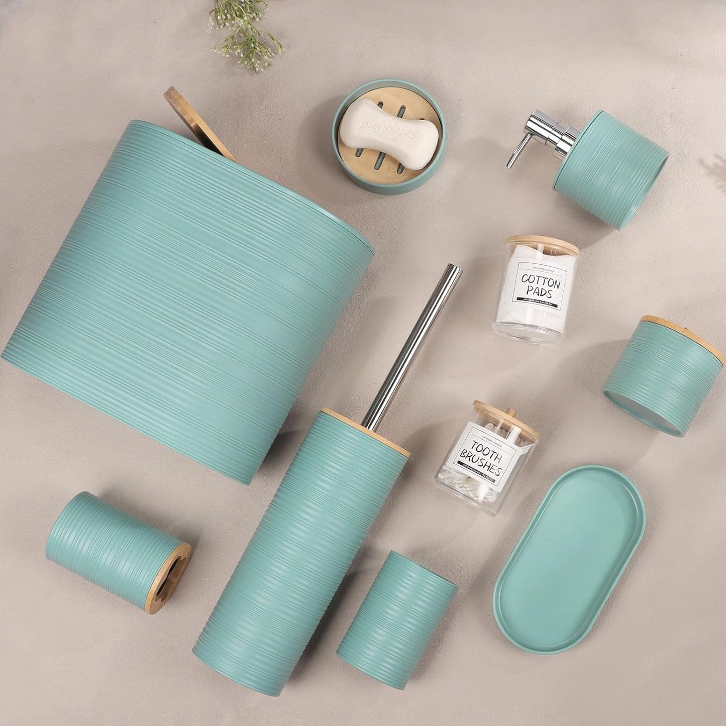 Bathroom Accessories Set 11Pcs,Complete Bathroom Organizer with Trash Can,Soap Dispenser,Toothbrush Holder,Toilet Brush & Qtip Holders,Modern Plastic Bathroom Decor for Home & Apartment (Blue)