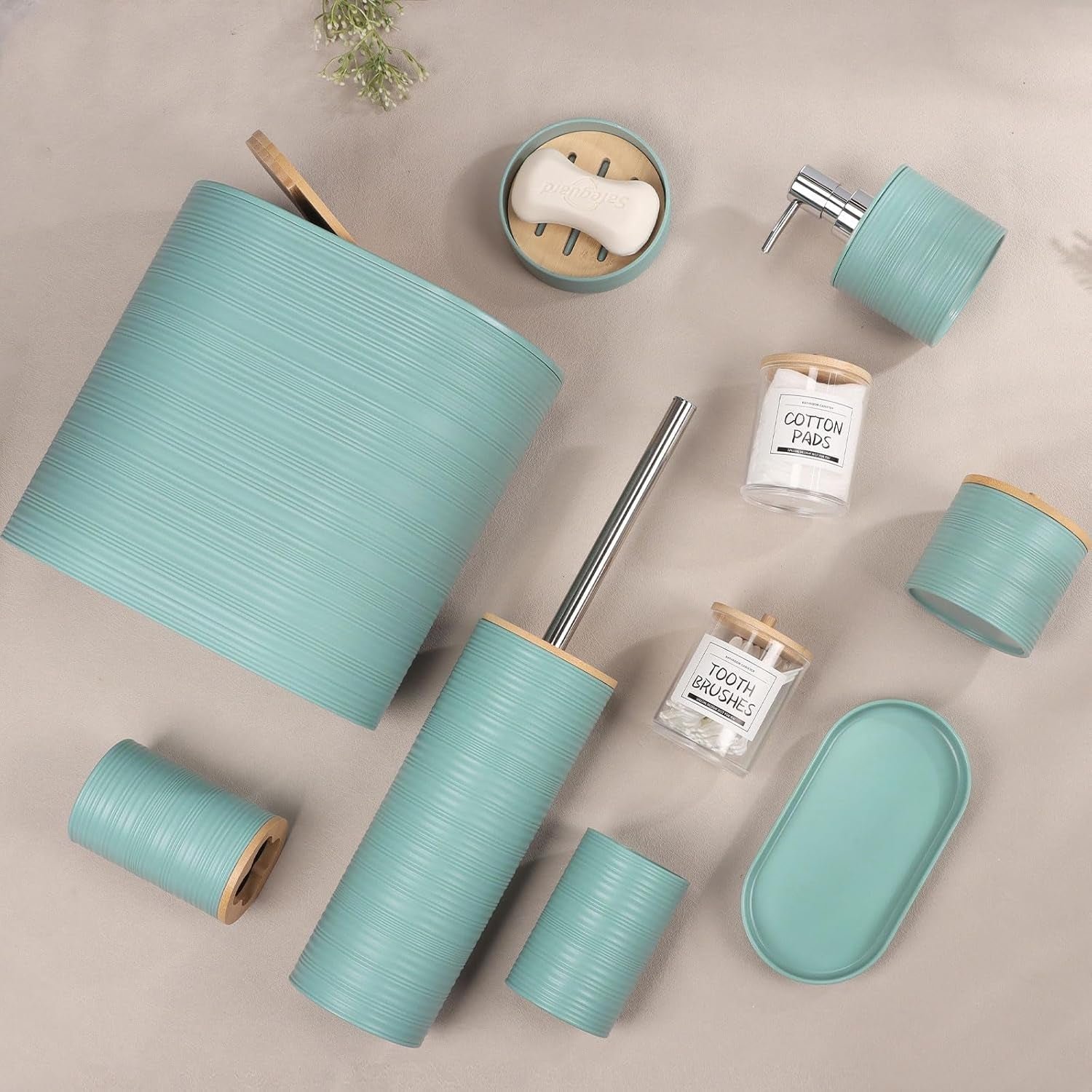 Bathroom Accessories Set 11Pcs,Complete Bathroom Organizer with Trash Can,Soap Dispenser,Toothbrush Holder,Toilet Brush & Qtip Holders,Modern Plastic Bathroom Decor for Home & Apartment (Blue)