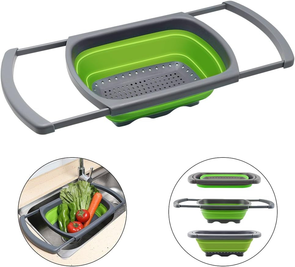 Colander Collapsible, Colander Strainer over the Sink Vegetable Fruit Strainer Basket (6 Quart) with Extendable Handles, New Kitchen Essentials