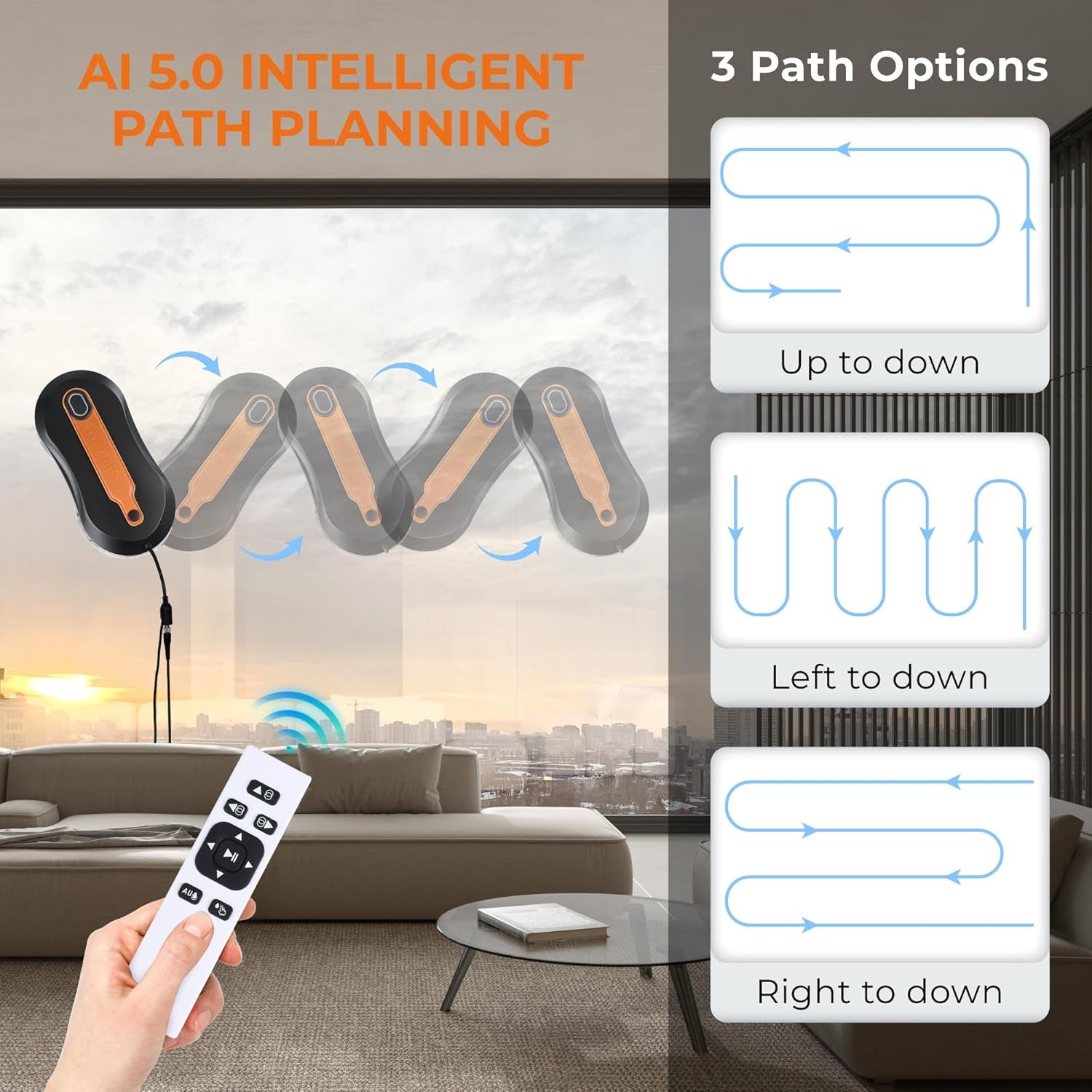 Window Cleaning Robot with Dual Water Spray, APP and Remote Control, Automatic Window Cleaner with Leather Belt for Frame Glass, Triple Safety System, Smart Path Detection