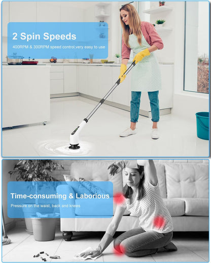Electric Spin Scrubber, Cordless Cleaning Brush with 8 Replaceable Brush Heads, Tub and Floor Tile 360 Power Scrubber Dual Speed with Adjustable & Detachable Handle for Bathroom Kitchen Car