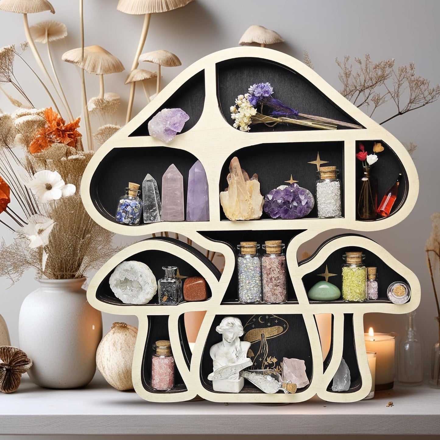Wooden Mushroom Floating Shelves, Crystal Display Shelf for Wall, Cute Mushroom Wall Decor, Rock Gem Stone Storage Organizer, Essential Oil Holder Hanging Case, Meditation Art Spiritual Gift