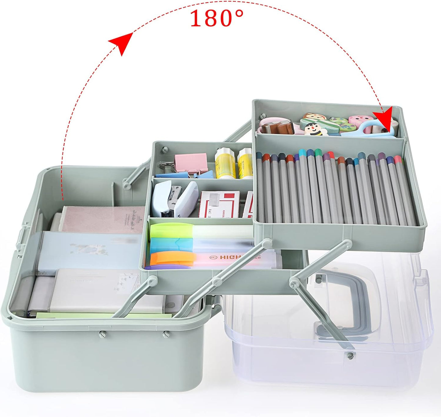3-Layer Plastic Dividing Storage Box Craft Organizer and Storage with Adjustable Spacers Portable Handled Art Supply Organizer Multipurpose Home Utility Box for Medicine Sewing(Haze Green)