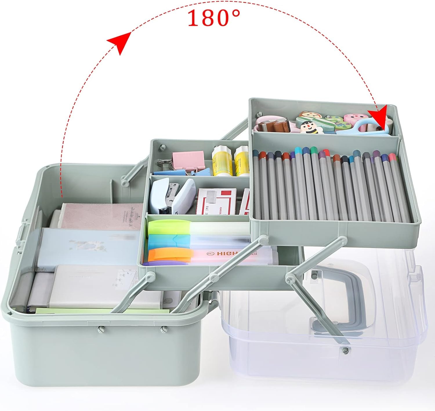 3-Layer Plastic Dividing Storage Box Craft Organizer and Storage with Adjustable Spacers Portable Handled Art Supply Organizer Multipurpose Home Utility Box for Medicine Sewing(Haze Green)