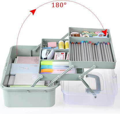 3-Layer Plastic Dividing Storage Box Craft Organizer and Storage with Adjustable Spacers Portable Handled Art Supply Organizer Multipurpose Home Utility Box for Medicine Sewing(Haze Green)