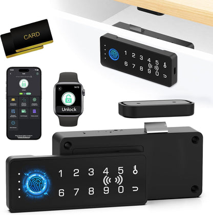 RFID Fingerprint Lock-Smart Cabinet Drawer Lock with Key Cards, Digital Electronic Biometric Bluetooth Child Safety Cabinet Code Lock Liquor File Desk Cupboard Kitchen Liquor Drawer