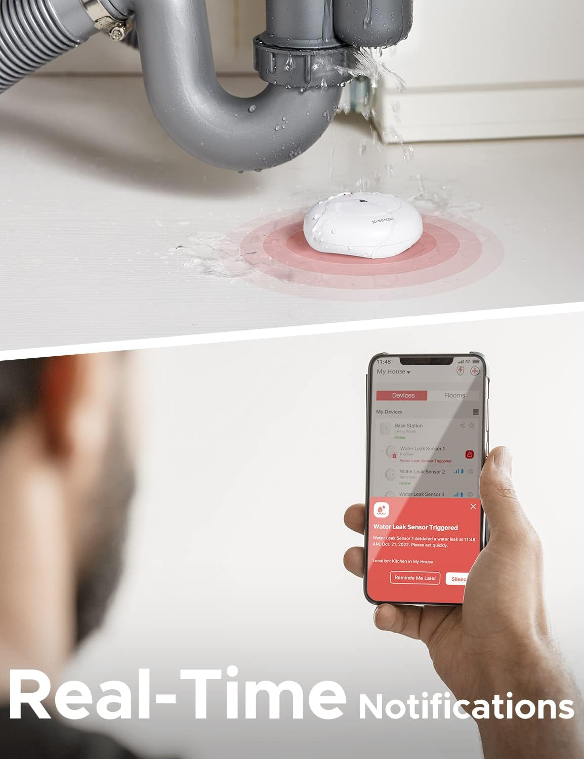 Wi-Fi Water Leak Detector, Smart Water Sensor Alarm, Water Detector Alarm with 1700 Ft Transmission Range for Kitchens, Basements, Bathrooms, 3 Water Detectors & 1 Base Station, Model SWS54