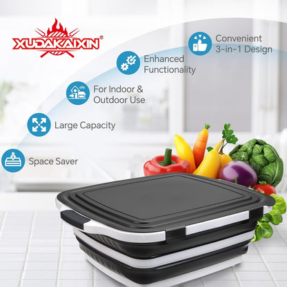 Collapsible BBQ Prep Tub for Meal Prep, Marinating,Food Storage, Picnics, Camping, Barbecues,Cutting Fruits and Vegetables - Includes Cutting Board and Locking Lid,(X-Large) Black