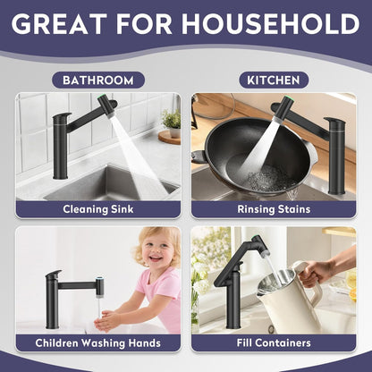 1080° Rotatable Single Hole Bathroom Vanity Faucet with Temperature Display, Height Adjustable Single Lever Bathroom Sink Faucet 1 Hole, LED Basin Faucet with Color Change (Black)