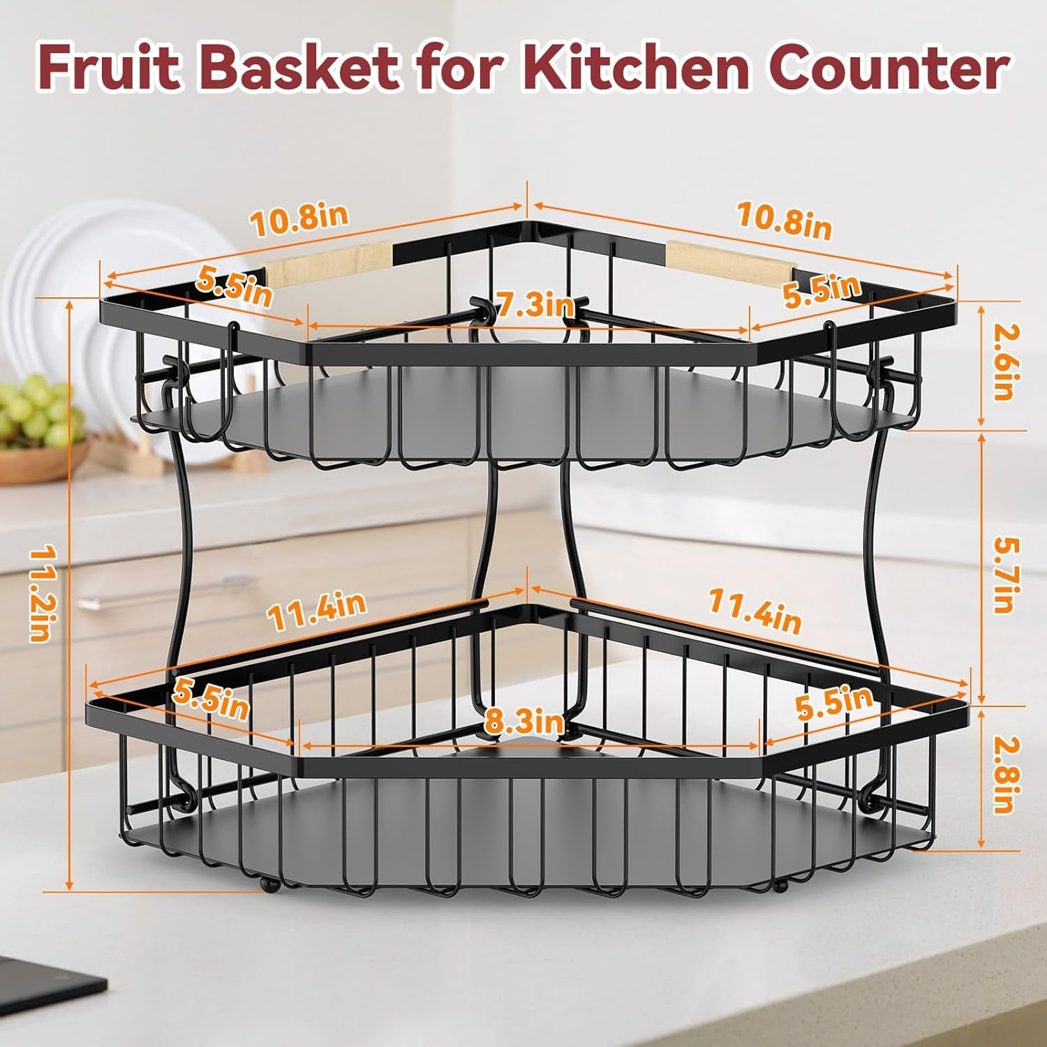 2 Tier Fruit Basket for Kitchen Counter - Detachable Metal Fruit Bowl with 2 Banana Hangers for Corner , Large Capacity Fruit Stand with Wooden Handle for Bread Fruit and Vegetable Storage
