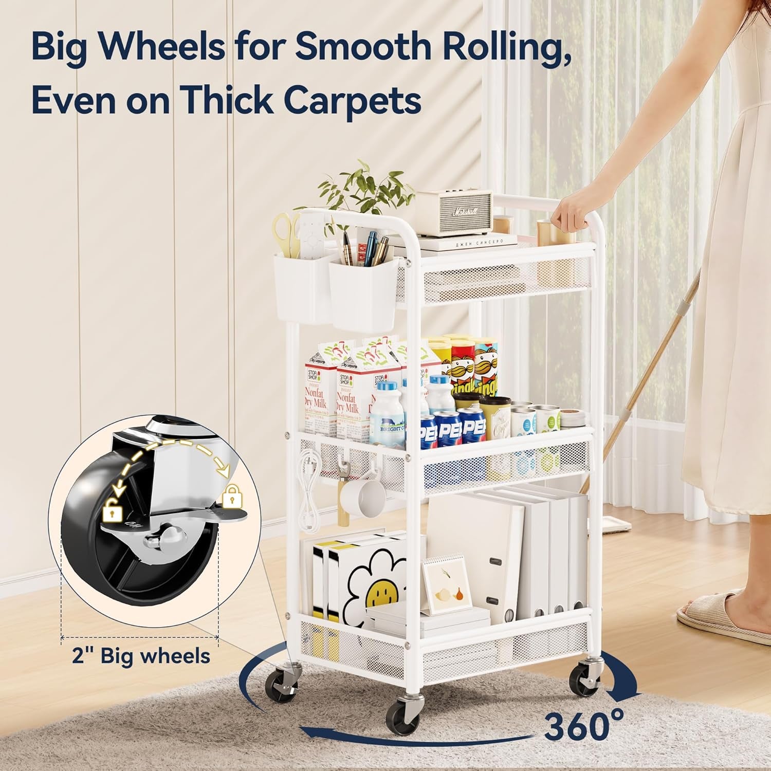 3 Tier Rolling Cart – Metal Utility Storage Carts with Wheels, Craft Carts Organizer with Hanging Cups, Hooks, Mesh Basket for Bedside Kitchen Office Art, White