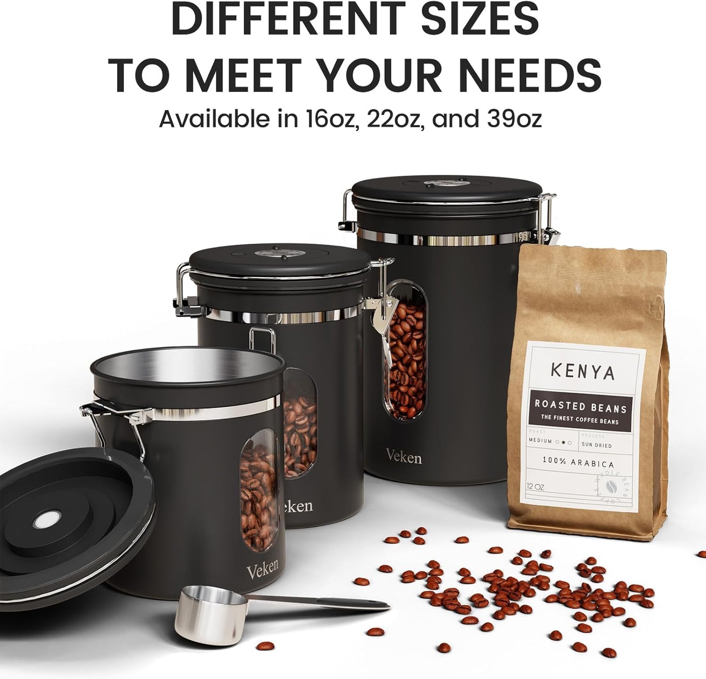 Large Coffee Canister with Window, Kitchen Food Storage Airtight Stainless Steel Container for 2.2Lbs Coffee Beans, Grounds, Rice,Tea, Flour, Cereal, Sugar Jars,Date Tracker and Scoop 39Oz,Black