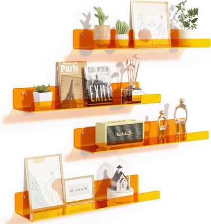Acrylic Shelves for Wall Decor, 15" Display Shelf Perfume Organizer for Bathroom, Bedroom, Living Room, Floating Bookshelves for Kids, Clear Orange, 4 Pack
