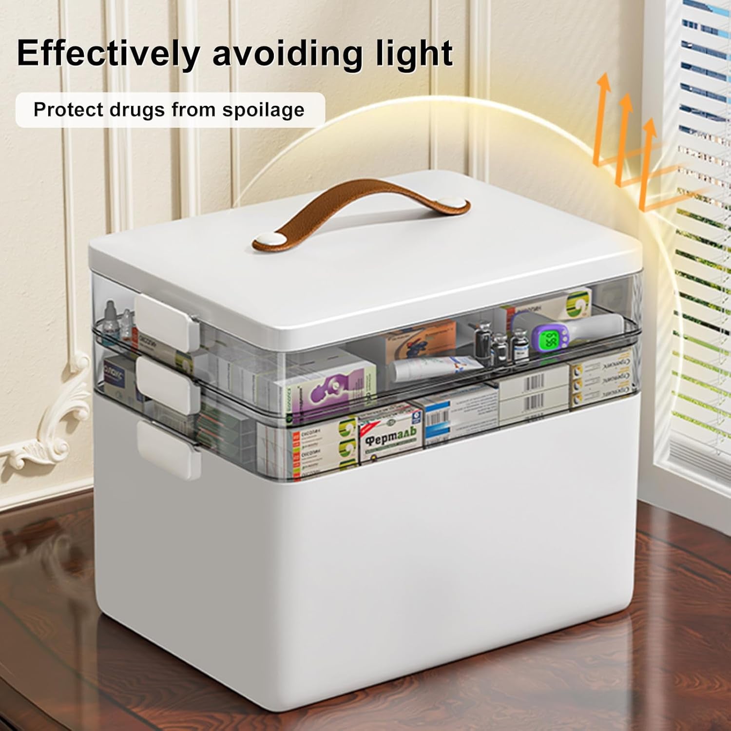 3-Tier Medicine Organizer - Portable Medicine Cabinet with Leather Handle, Empty First Aid Kit for Home