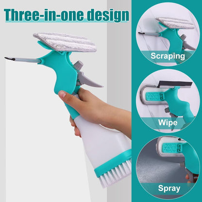 4 in 1 Window Cleaning Kit,Multifunction Window Cleaner Tool with Spray Bottle Squeegee & Microfiber Washer Head for Indoor Outdoor Glass Shower Car