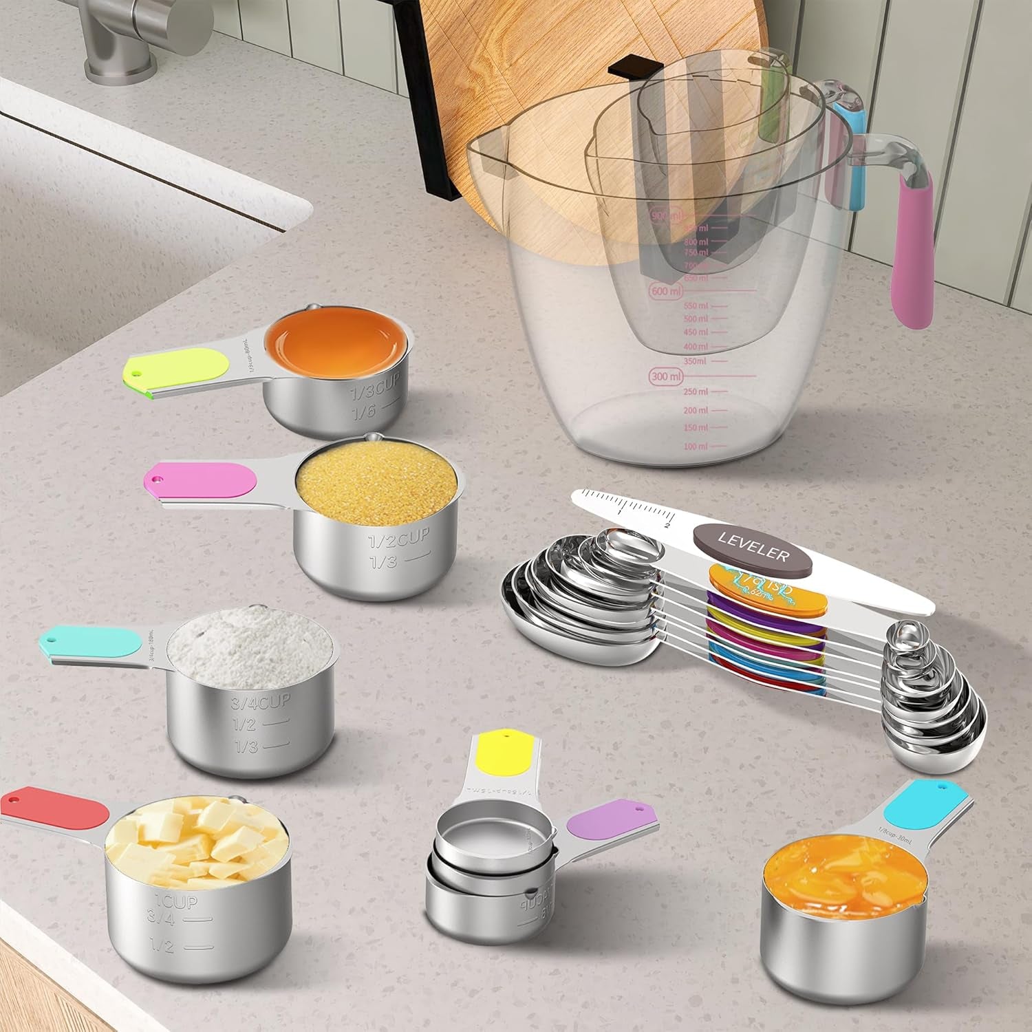 Magnetic Measuring Cups and Spoons Set, 5 Stainless Steel Measuring Cups for Dry and Liquid Ingredients, 7 Magnetic Measuring Spoons, 3 Plastic Measuring Cup with 1 Measuring Conversion Chart