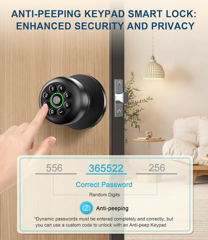 Fingerprint Door Lock, Smart Fingerprint Door Knob with Keypad, Biometric Door Lock with App Control, Auto Lock Door Lock with Code, Keyless Door Knob with Lock for Bedroom, Home,Office-Matte Black