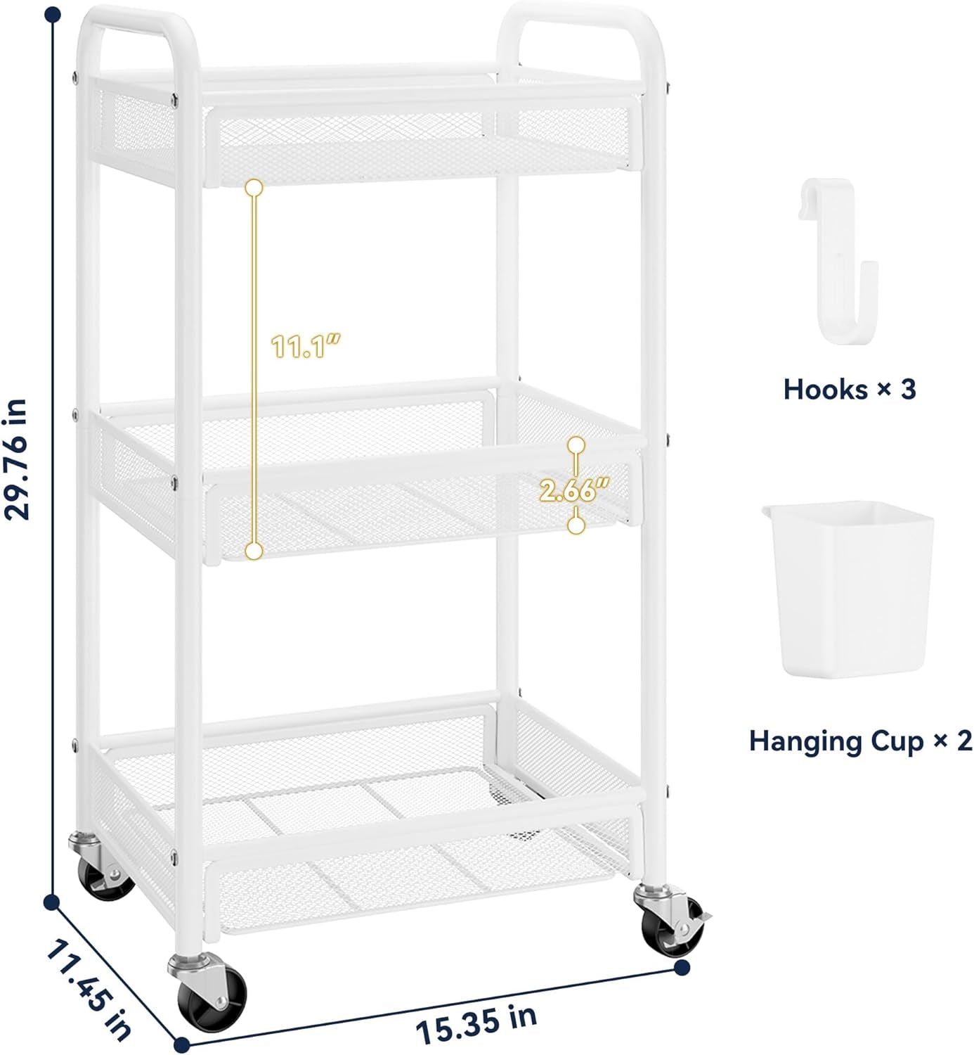 3 Tier Rolling Cart – Metal Utility Storage Carts with Wheels, Craft Carts Organizer with Hanging Cups, Hooks, Mesh Basket for Bedside Kitchen Office Art, White