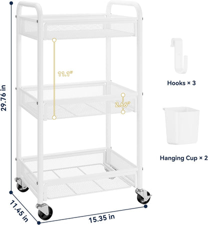 3 Tier Rolling Cart – Metal Utility Storage Carts with Wheels, Craft Carts Organizer with Hanging Cups, Hooks, Mesh Basket for Bedside Kitchen Office Art, White