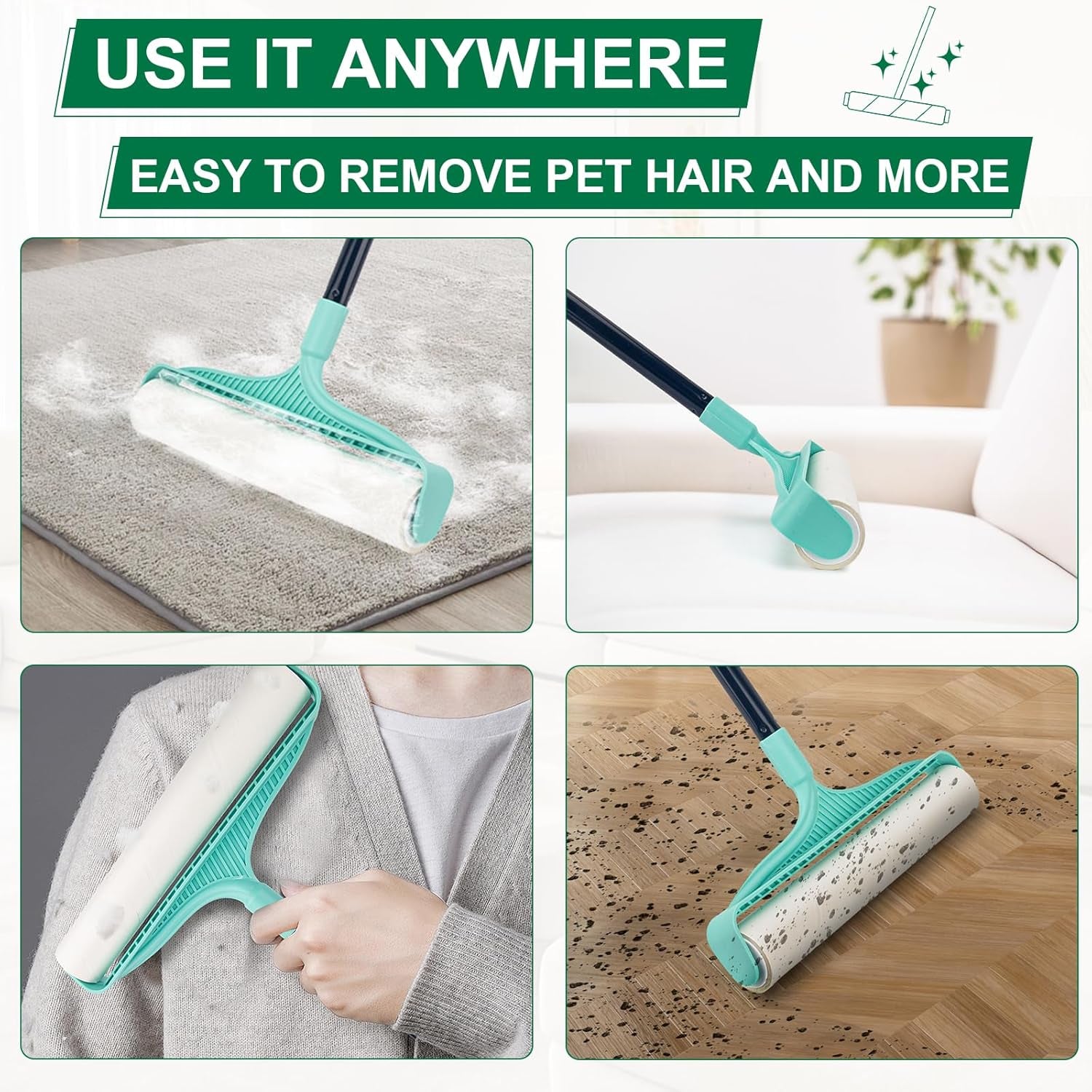 Large Lint Rollers for Pet Hair Extra Sticky, 11.8" Wide Giant Lint Roller with 53" Long Handle, Big Pet Hair Sticky Remover for Floor Carpets Couch Clothes (270 Sheets)