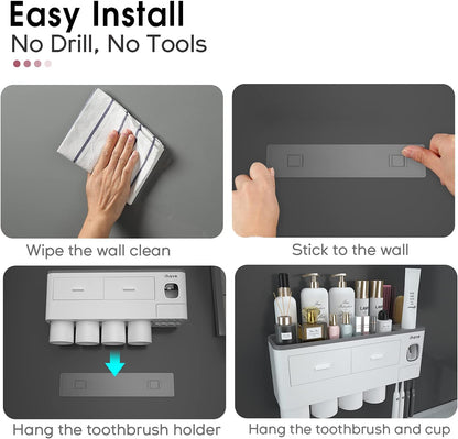 Toothbrush Holders for Bathrooms, 4 Cups Toothbrush Holder Wall Mounted with Toothpaste Dispenser - Large Capacity Tray, 2 Cosmetic Drawer - Bathroom Organizer & Bathroom Accessories Set