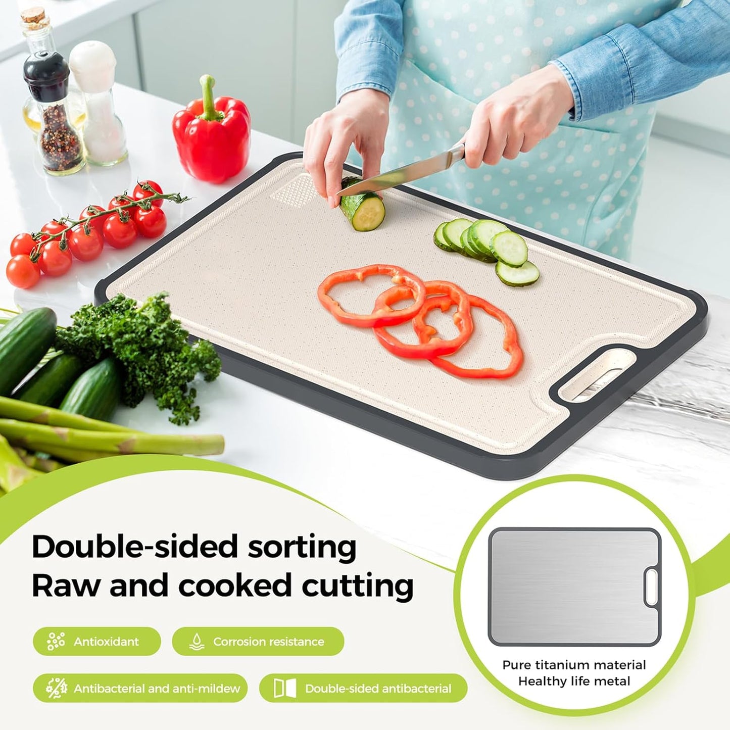 Titanium Cutting Board for Kitchen, Non Toxic 2-In-1 Cutting Board Double Sided Food Grade Pure Titanium, Knife Friendly Easy to Clean Large Size 15”×10.3”