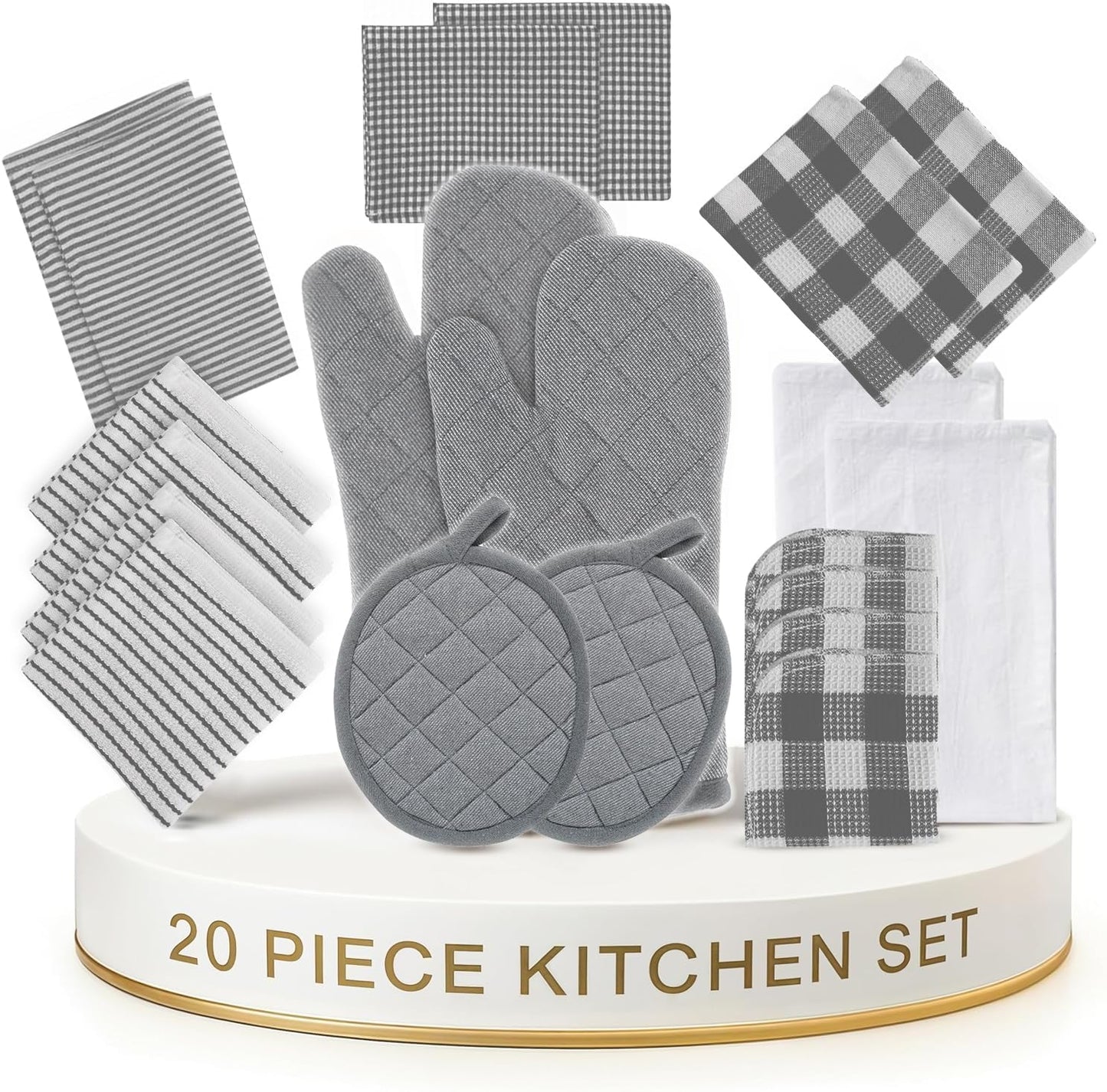 Kitchen Towels and Dishcloths Sets - 20 Pc Kitchen Essentials for New Home, Heat Resistant Oven Mitts & Pot Holder, Absorbent Flour Sack Dish Towels- Grey