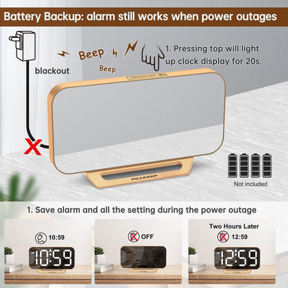 Slim Digital Mirror Aesthetic Alarm Clock for Bedrooms Desk Decor - Plug in Electric Big LED Modern Small Clock for Office Living Room, Battery Backup, 6 Dimmers (Gold)