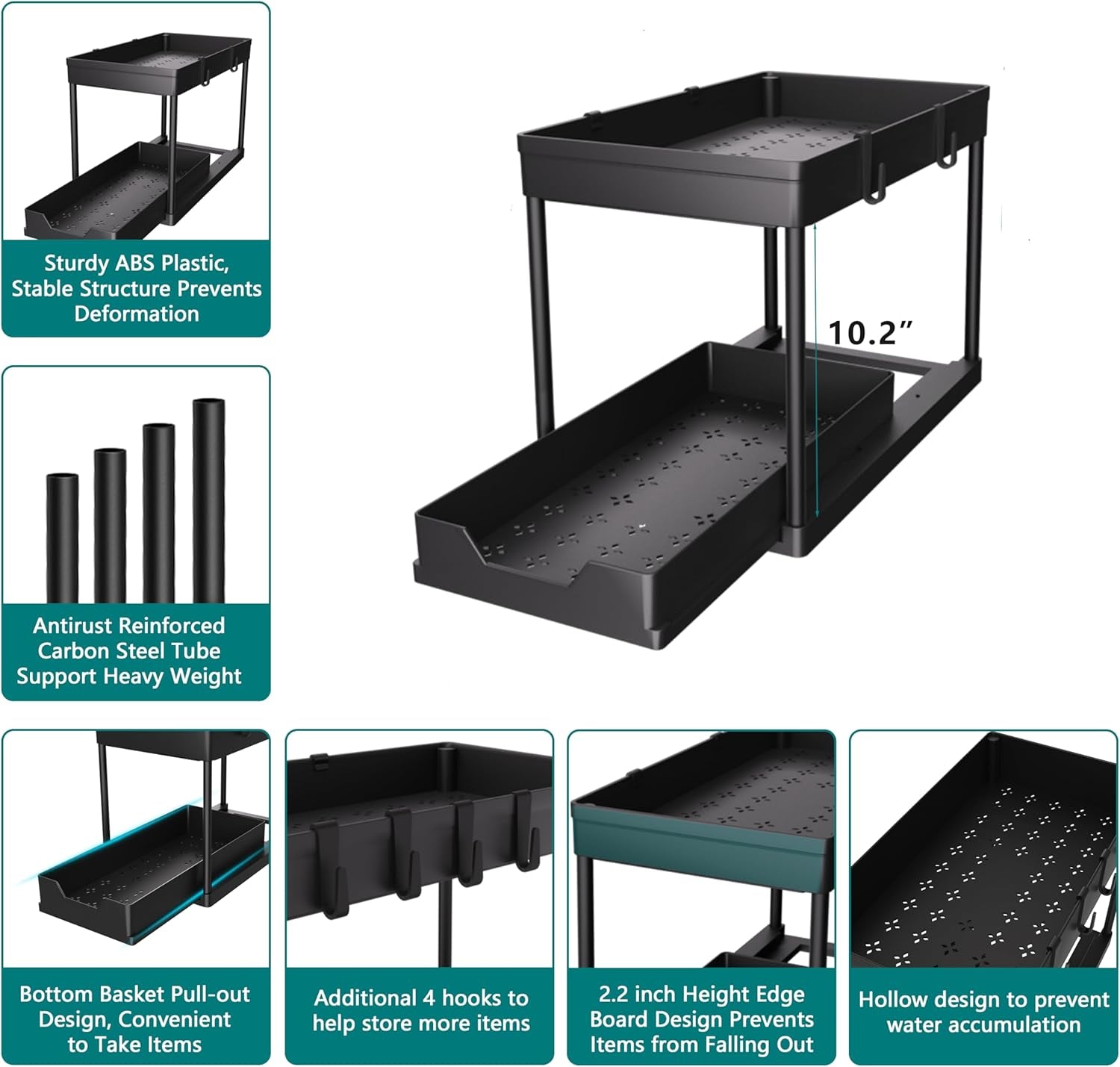 under Sink Organizer 2 Pack, Bathroom Cabinet Organizer, 2 Tier Sliding Cabinet Basket Organizer Drawer, Multi-Purpose Bath Collection Baskets for Bathroom (Black)