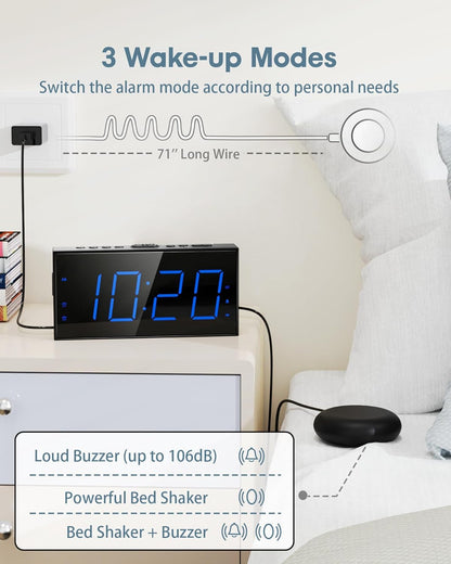 Loud Alarm Clock with Bed Shaker, Vibrating Alarm Clock for Heavy Sleepers/Hard of Hearing/Deaf,Dual Alarms, 7.5’’ Large LED Display, Dimmer, USB Charging Port, Plug-In with Memory Function