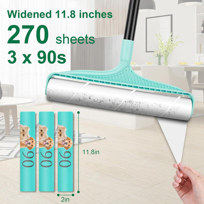 Large Lint Rollers for Pet Hair Extra Sticky, 11.8" Wide Giant Lint Roller with 53" Long Handle, Big Pet Hair Sticky Remover for Floor Carpets Couch Clothes (270 Sheets)