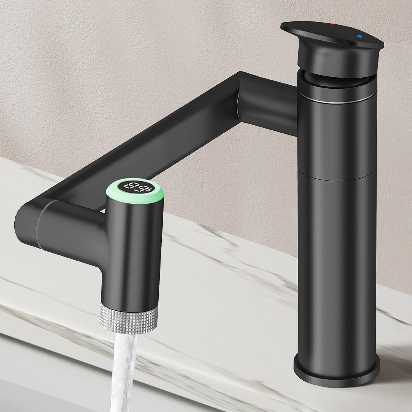 1080° Rotatable Single Hole Bathroom Vanity Faucet with Temperature Display, Height Adjustable Single Lever Bathroom Sink Faucet 1 Hole, LED Basin Faucet with Color Change (Black)