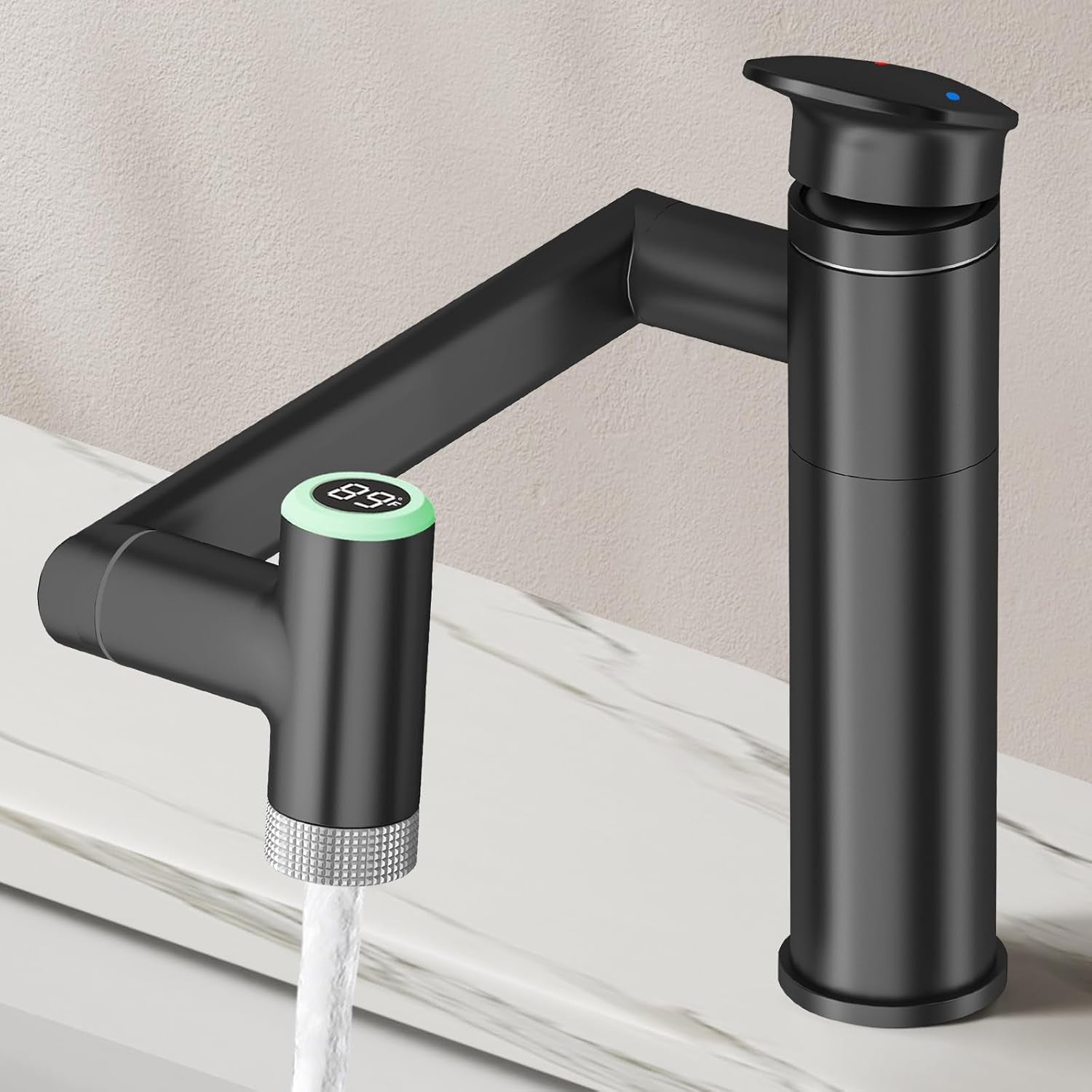 1080° Rotatable Single Hole Bathroom Vanity Faucet with Temperature Display, Height Adjustable Single Lever Bathroom Sink Faucet 1 Hole, LED Basin Faucet with Color Change (Black)