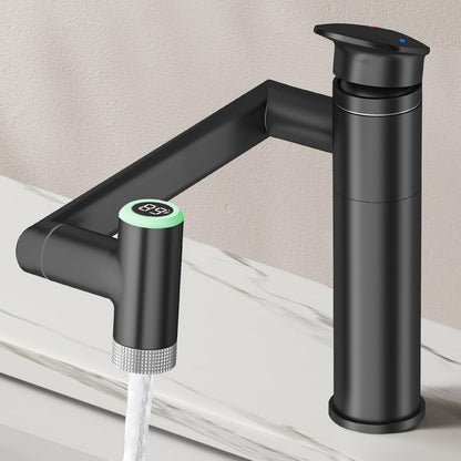 1080° Rotatable Single Hole Bathroom Vanity Faucet with Temperature Display, Height Adjustable Single Lever Bathroom Sink Faucet 1 Hole, LED Basin Faucet with Color Change (Black)