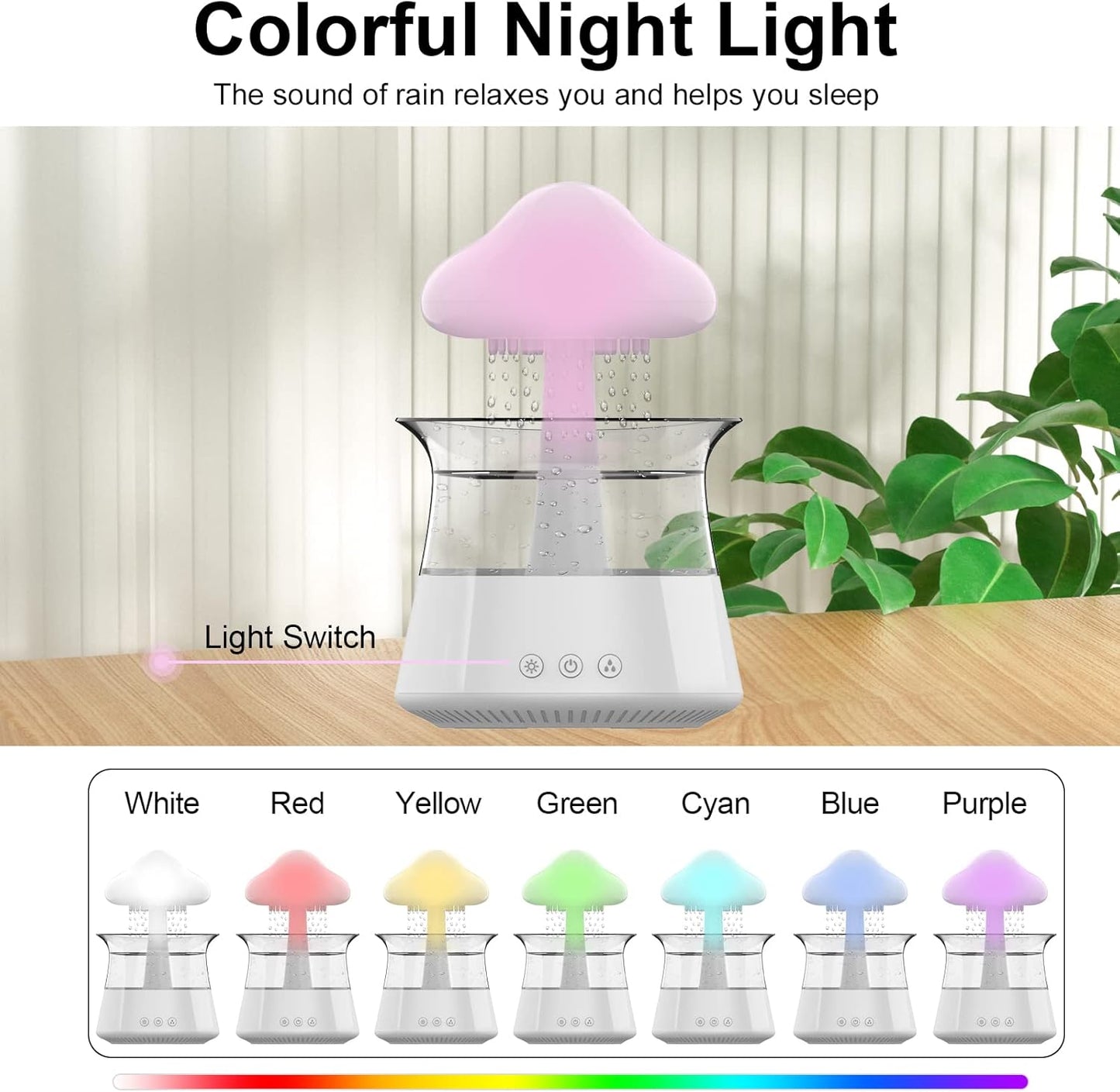Cloud Rain Humidifier for Bedroom with Soothing Rain Sounds Sleep Aid, Waterfall Night Light, Mushroom Design Air Moisturizer，Room Decor Aesthetic for Living Room (White)