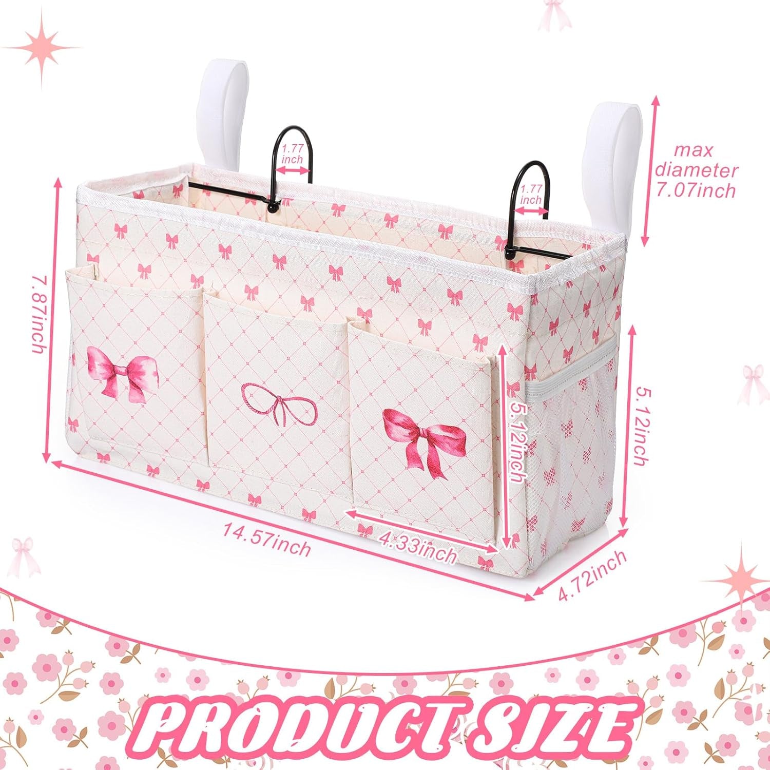 Pink Bow Bedside Caddy, Cute Bow Bedside Organizer, Pink Coquette Aesthetic Hanging Storage Caddy Bag with Fixed Strap and Water Bottle Holder for Home, College, Dorm, Bunk, Hospital, Bed Rail